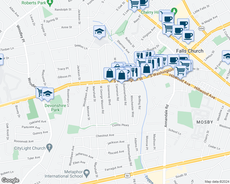 map of restaurants, bars, coffee shops, grocery stores, and more near 2766 Cameron Road in Falls Church