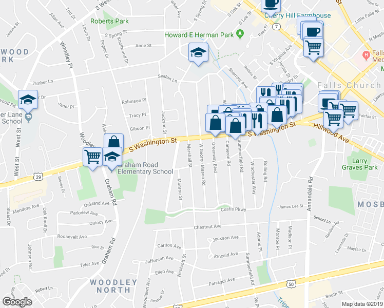map of restaurants, bars, coffee shops, grocery stores, and more near 2761 Marshall Street in Falls Church
