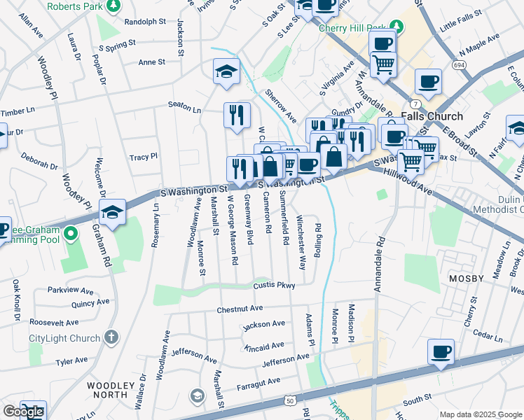 map of restaurants, bars, coffee shops, grocery stores, and more near 2766 Cameron Road in Falls Church