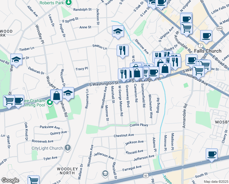 map of restaurants, bars, coffee shops, grocery stores, and more near 2761 Marshall Street in Falls Church