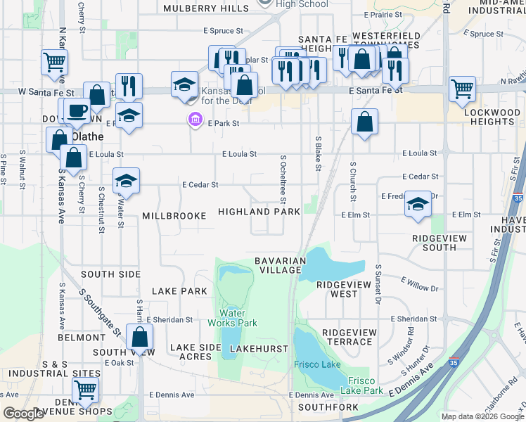 map of restaurants, bars, coffee shops, grocery stores, and more near 500 East Glendale Street in Olathe