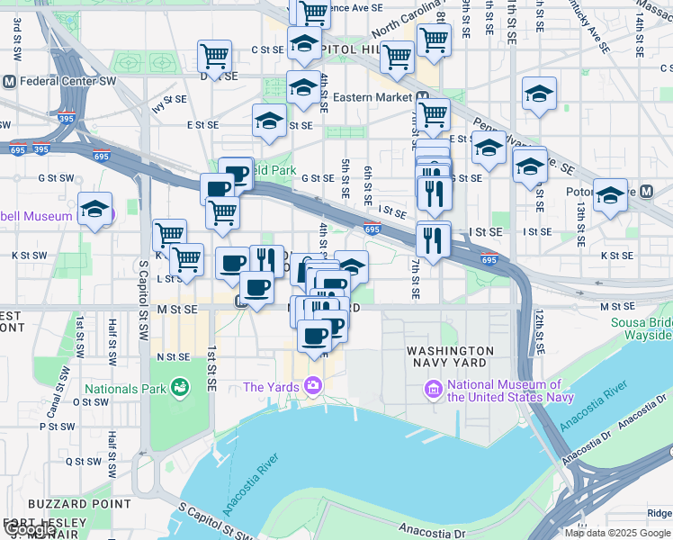 map of restaurants, bars, coffee shops, grocery stores, and more near 1037 5th Street Southeast in Washington