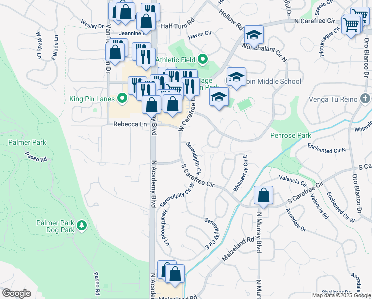 map of restaurants, bars, coffee shops, grocery stores, and more near 3229 Serendipity Circle in Colorado Springs