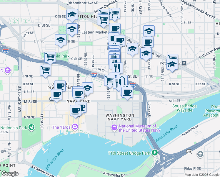 map of restaurants, bars, coffee shops, grocery stores, and more near 101 Independence Avenue Southeast in Washington