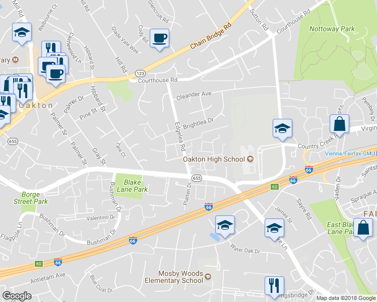 map of restaurants, bars, coffee shops, grocery stores, and more near 9910 Trosby Court in Vienna
