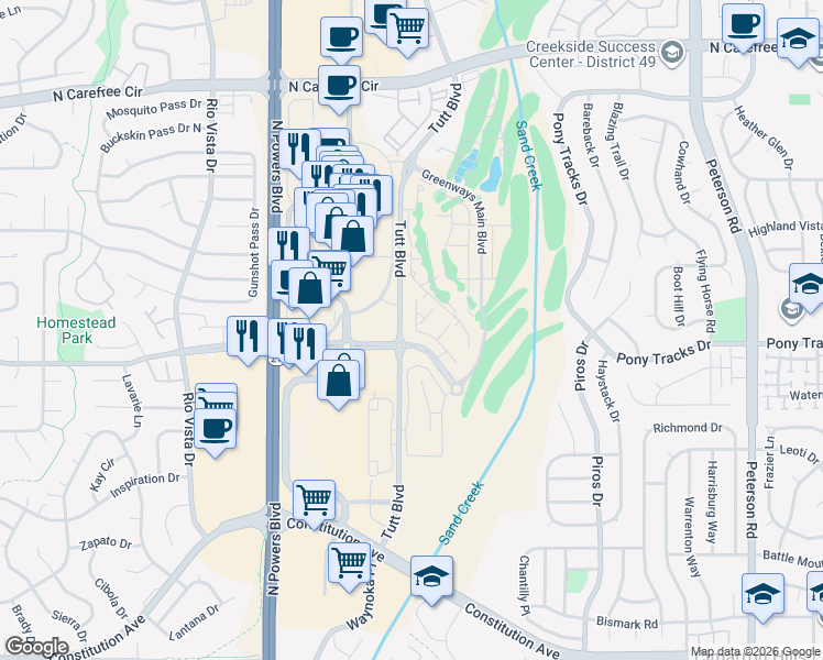 map of restaurants, bars, coffee shops, grocery stores, and more near 6020 South Carefree Circle in Colorado Springs