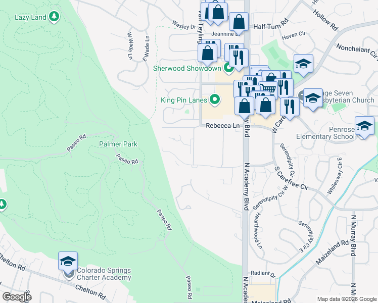 map of restaurants, bars, coffee shops, grocery stores, and more near 3578 Parkmoor Village Drive in Colorado Springs