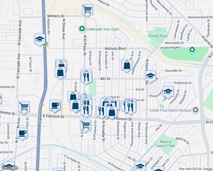 map of restaurants, bars, coffee shops, grocery stores, and more near 3127 Arcadia Street in Colorado Springs