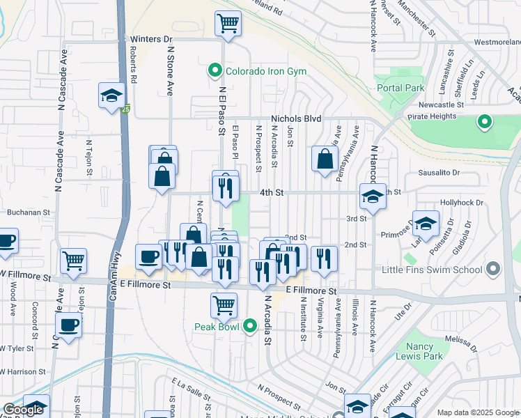 map of restaurants, bars, coffee shops, grocery stores, and more near in Colorado Springs