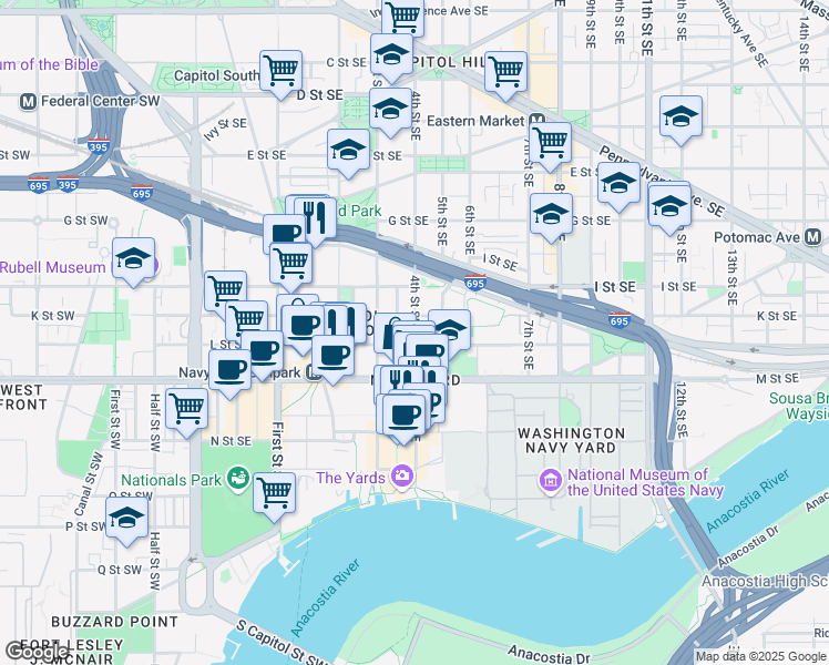 map of restaurants, bars, coffee shops, grocery stores, and more near 101 Independence Avenue Southeast in Washington