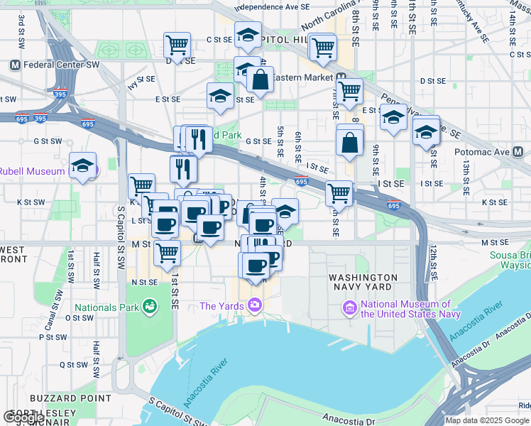 map of restaurants, bars, coffee shops, grocery stores, and more near 1020 4th Street Southeast in Washington