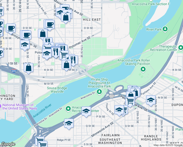 map of restaurants, bars, coffee shops, grocery stores, and more near 2940 M Street Southeast in Washington