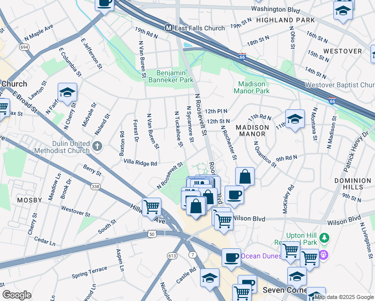 map of restaurants, bars, coffee shops, grocery stores, and more near 997 North Tuckahoe Street in Falls Church