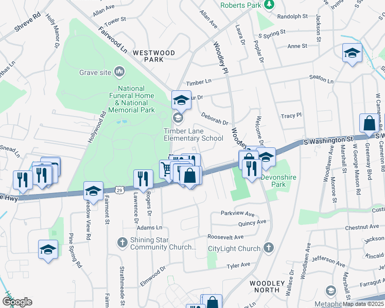map of restaurants, bars, coffee shops, grocery stores, and more near 2808 Lee Oaks Place in Falls Church