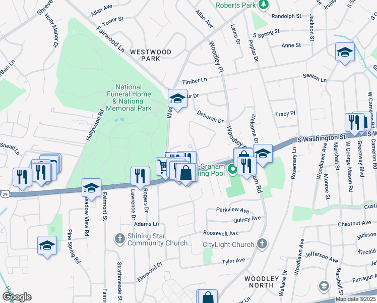 map of restaurants, bars, coffee shops, grocery stores, and more near 2808 Lee Oaks Place in Falls Church