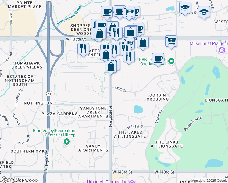 map of restaurants, bars, coffee shops, grocery stores, and more near 13761 Metcalf Avenue in Overland Park