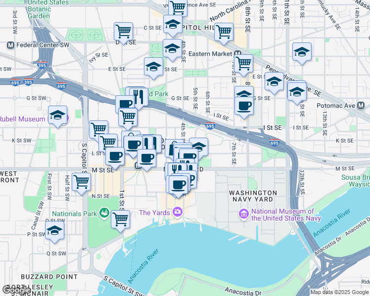 map of restaurants, bars, coffee shops, grocery stores, and more near 1018 4th Street Southeast in Washington