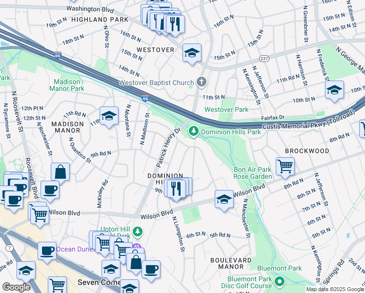 map of restaurants, bars, coffee shops, grocery stores, and more near 5904 10th Road North in Arlington