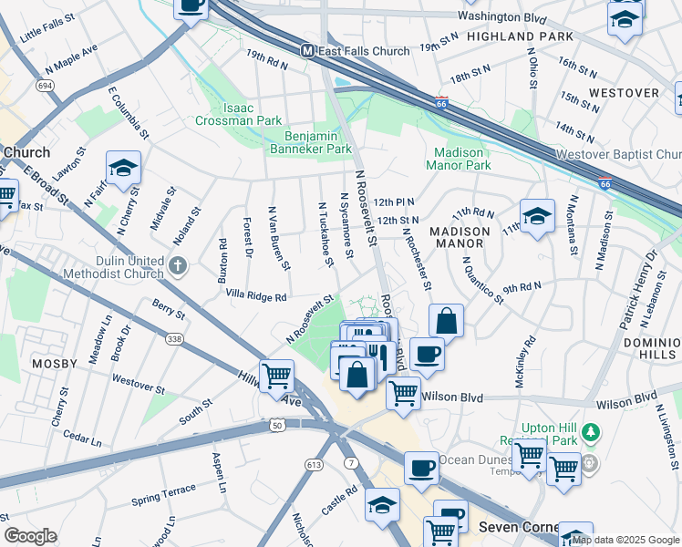 map of restaurants, bars, coffee shops, grocery stores, and more near 997 North Tuckahoe Street in Falls Church