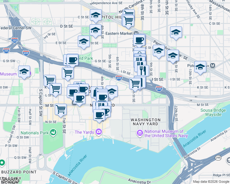 map of restaurants, bars, coffee shops, grocery stores, and more near 491 K Street Southeast in Washington