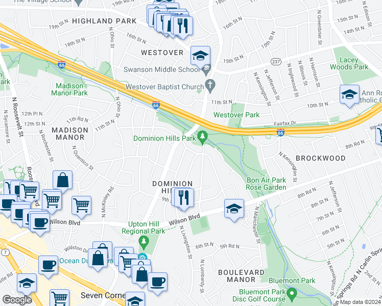 map of restaurants, bars, coffee shops, grocery stores, and more near 5904 10th Road North in Arlington