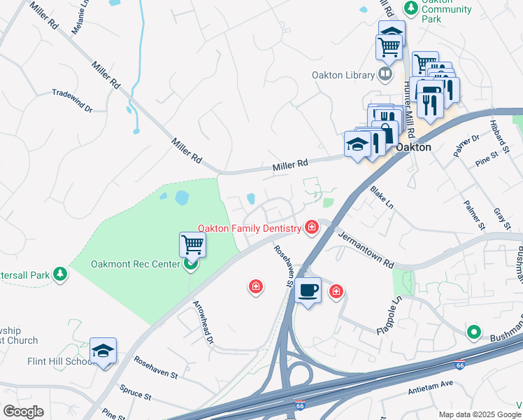 map of restaurants, bars, coffee shops, grocery stores, and more near 3129 Elmendorf Drive in Oakton