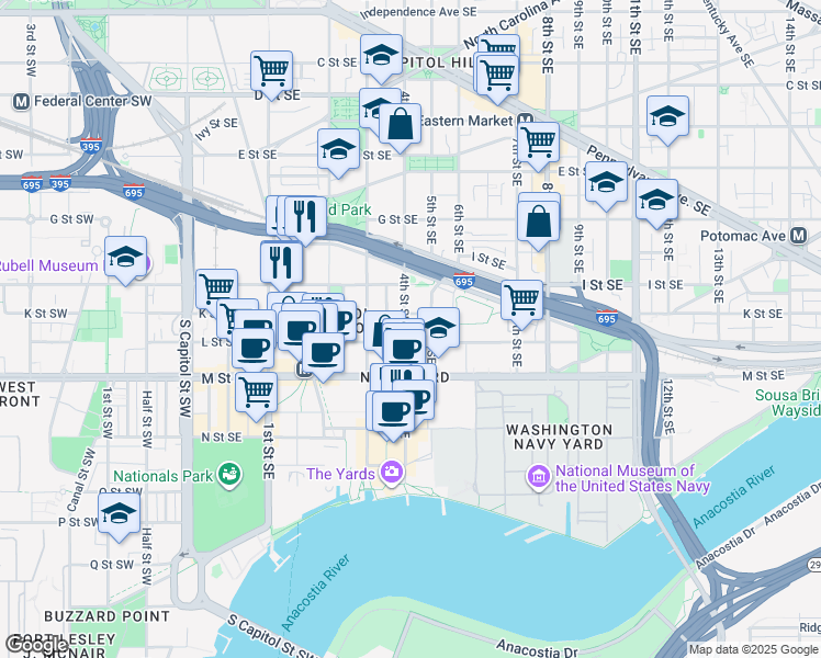 map of restaurants, bars, coffee shops, grocery stores, and more near 1018 4th Street Southeast in Washington