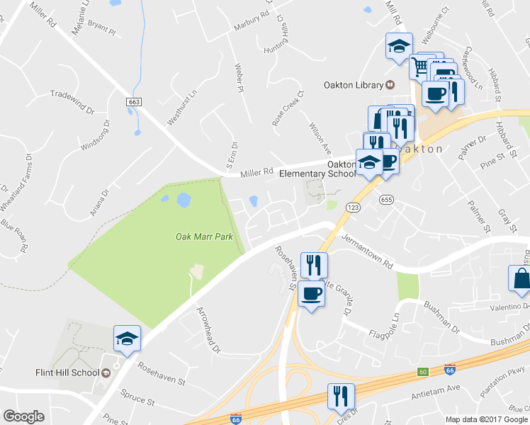 map of restaurants, bars, coffee shops, grocery stores, and more near 3129 Elmendorf Drive in Oakton