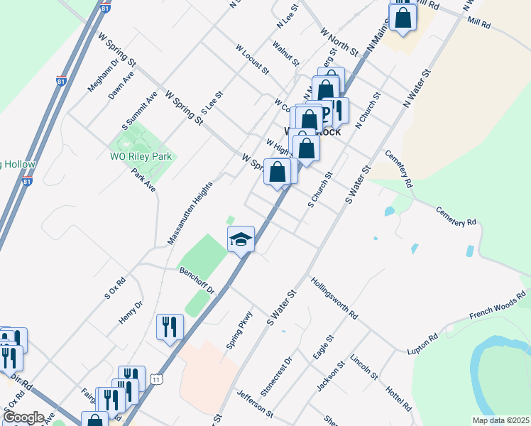 map of restaurants, bars, coffee shops, grocery stores, and more near 422 South Main Street in Woodstock