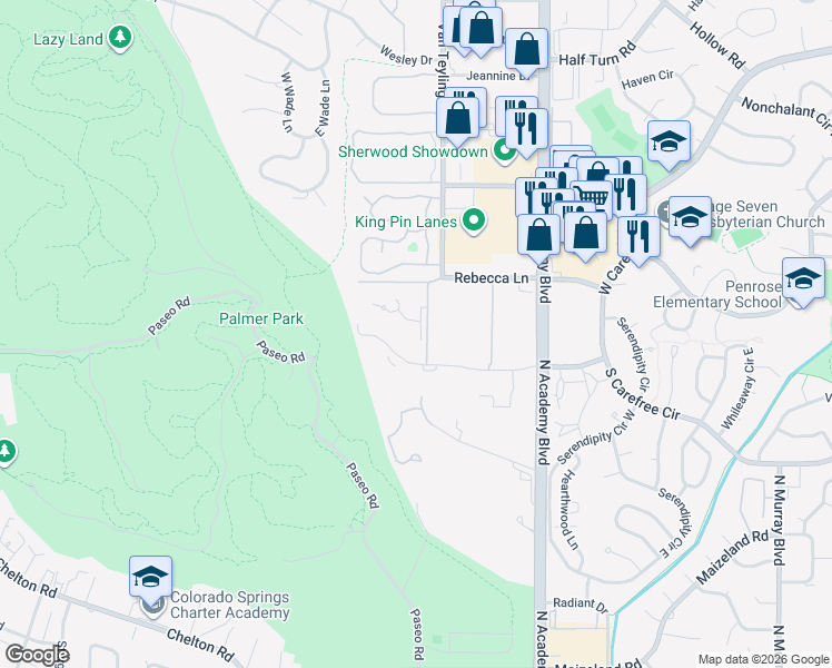 map of restaurants, bars, coffee shops, grocery stores, and more near 3578 Parkmoor Village Drive in Colorado Springs