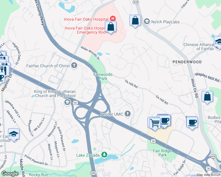 map of restaurants, bars, coffee shops, grocery stores, and more near 3861 Alder Woods Court in Fairfax