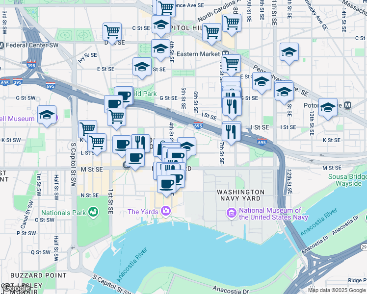 map of restaurants, bars, coffee shops, grocery stores, and more near 1037 5th Street Southeast in Washington