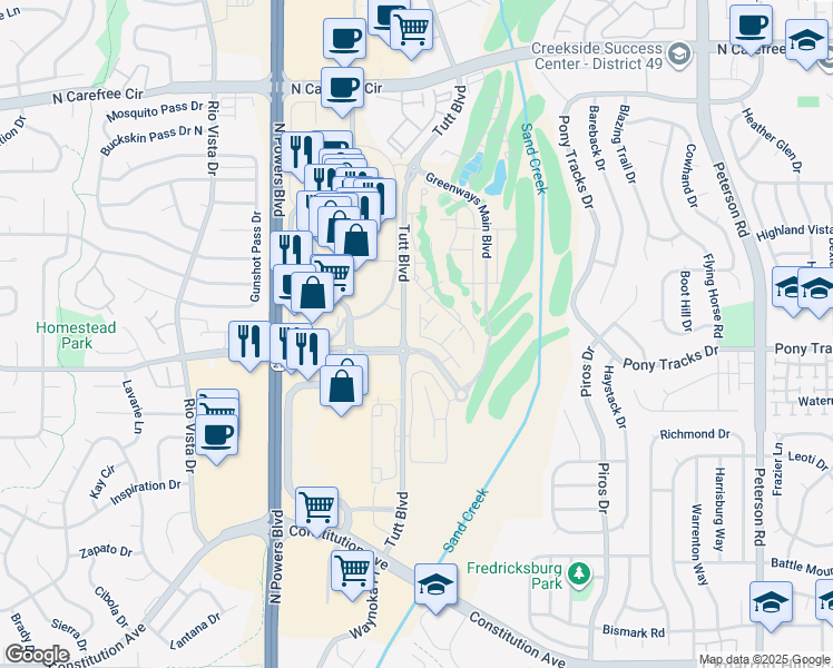 map of restaurants, bars, coffee shops, grocery stores, and more near 6020 South Carefree Circle in Colorado Springs