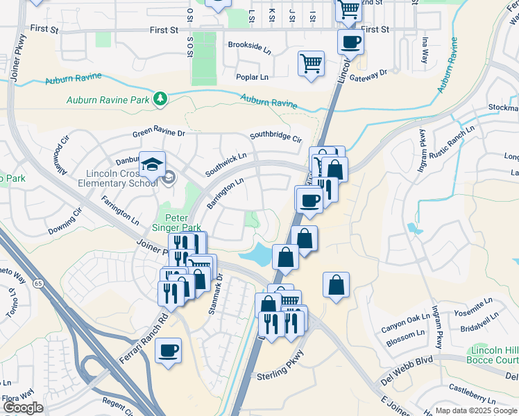 map of restaurants, bars, coffee shops, grocery stores, and more near 1104 Kensington Lane in Lincoln