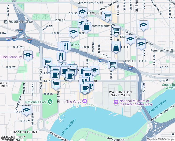 map of restaurants, bars, coffee shops, grocery stores, and more near 1018 4th Street Southeast in Washington