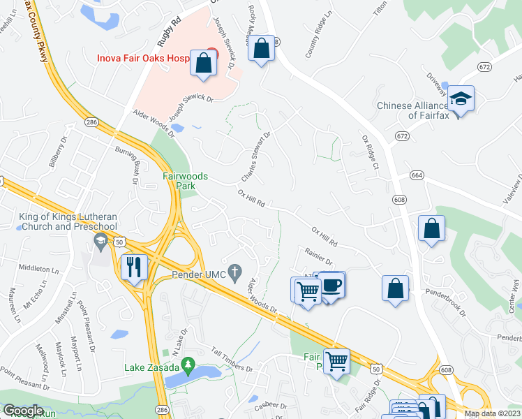 map of restaurants, bars, coffee shops, grocery stores, and more near 12407 Ox Hill Road in Fairfax
