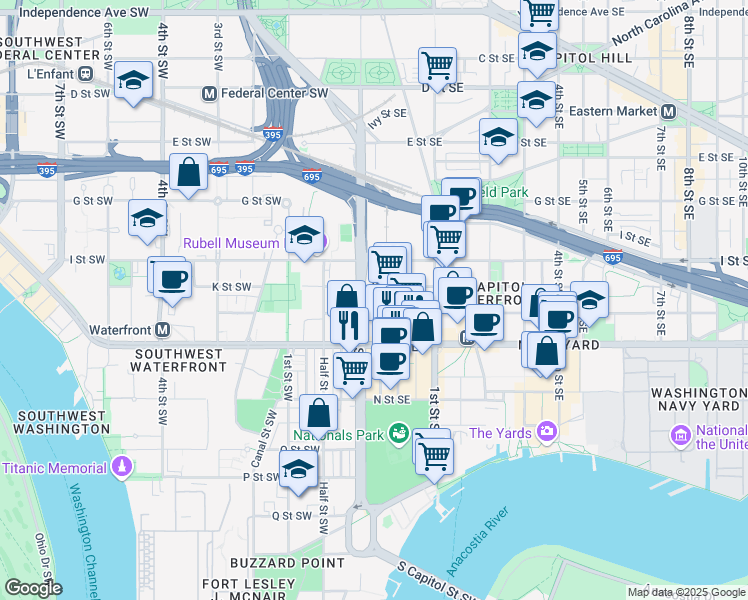 map of restaurants, bars, coffee shops, grocery stores, and more near 1000 South Capitol Street SE in Washington