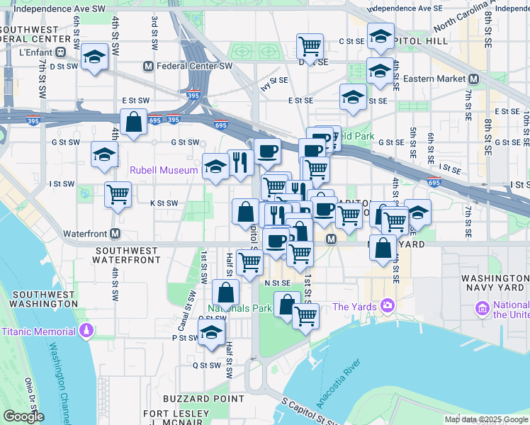 map of restaurants, bars, coffee shops, grocery stores, and more near 1000 South Capitol Street SE in Washington