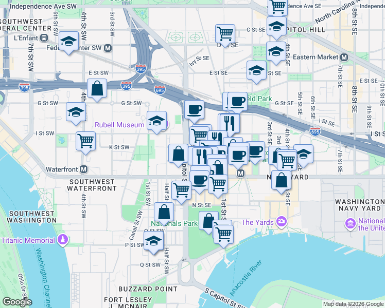 map of restaurants, bars, coffee shops, grocery stores, and more near 101 Independence Avenue Southeast in Washington