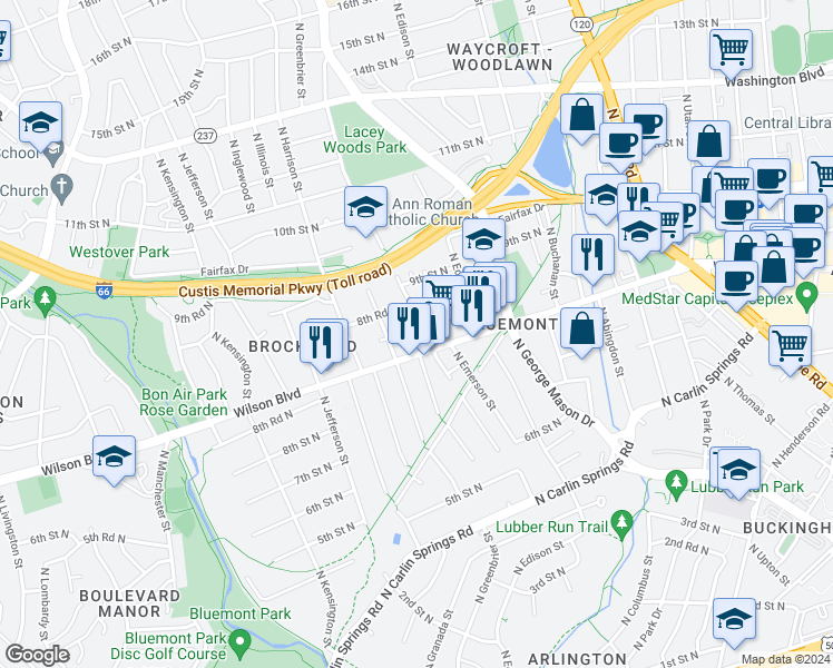 map of restaurants, bars, coffee shops, grocery stores, and more near 842 North Frederick Street in Arlington