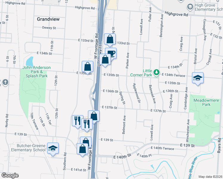 map of restaurants, bars, coffee shops, grocery stores, and more near 5901 East 135th Street in Grandview