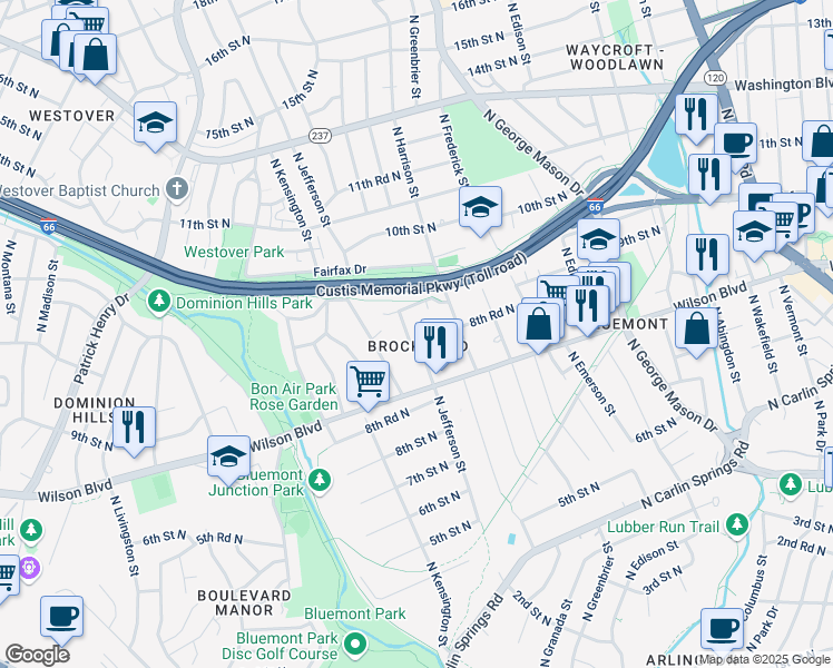 map of restaurants, bars, coffee shops, grocery stores, and more near 879 North Jefferson Street in Arlington