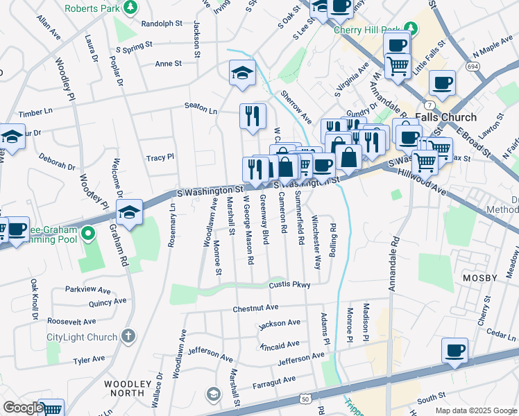 map of restaurants, bars, coffee shops, grocery stores, and more near 2762 Greenway Boulevard in Falls Church