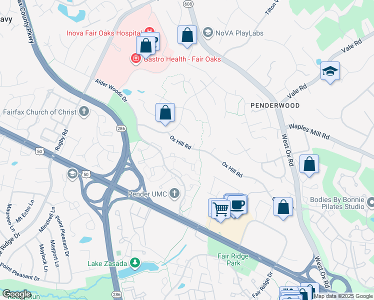 map of restaurants, bars, coffee shops, grocery stores, and more near 12407 Ox Hill Road in Fairfax