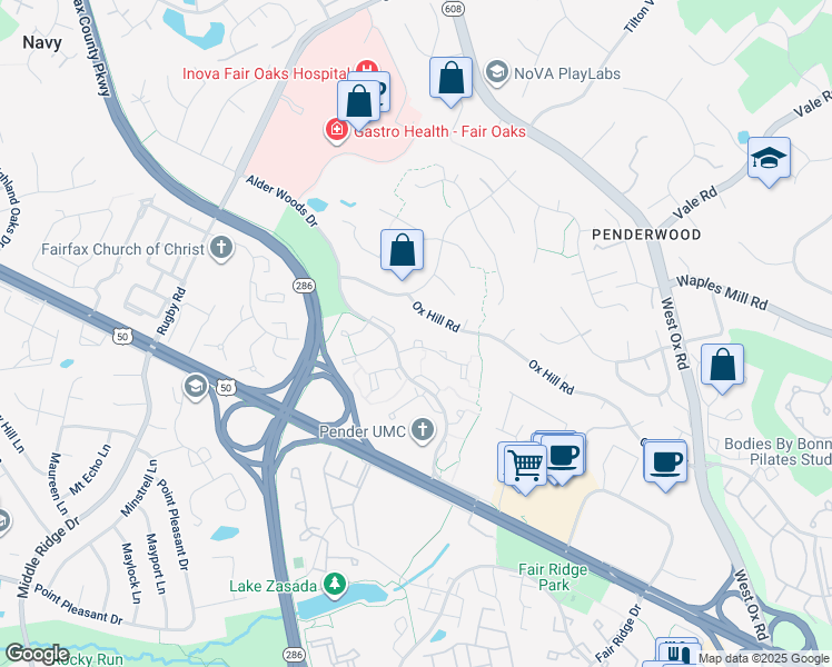map of restaurants, bars, coffee shops, grocery stores, and more near 12540 Sweet Leaf Terrace in Fairfax
