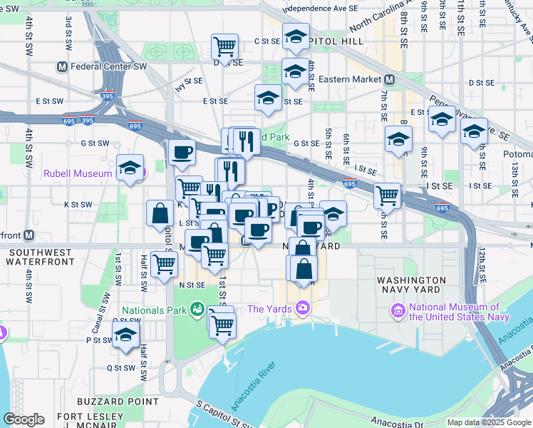 map of restaurants, bars, coffee shops, grocery stores, and more near 200 M Street Southeast in Washington