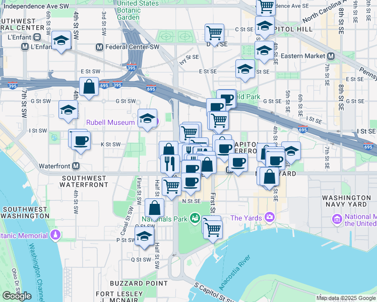 map of restaurants, bars, coffee shops, grocery stores, and more near 1000 Half Street Southeast in Washington