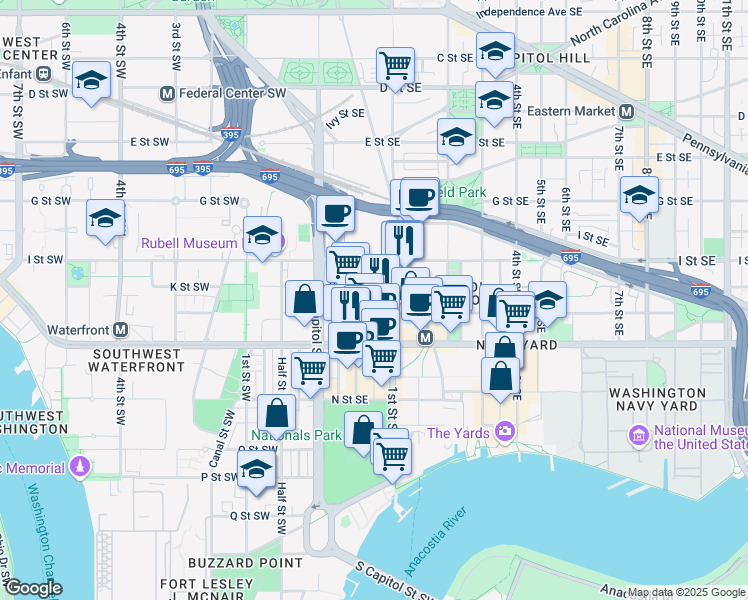 map of restaurants, bars, coffee shops, grocery stores, and more near 101 Independence Avenue Southeast in Washington