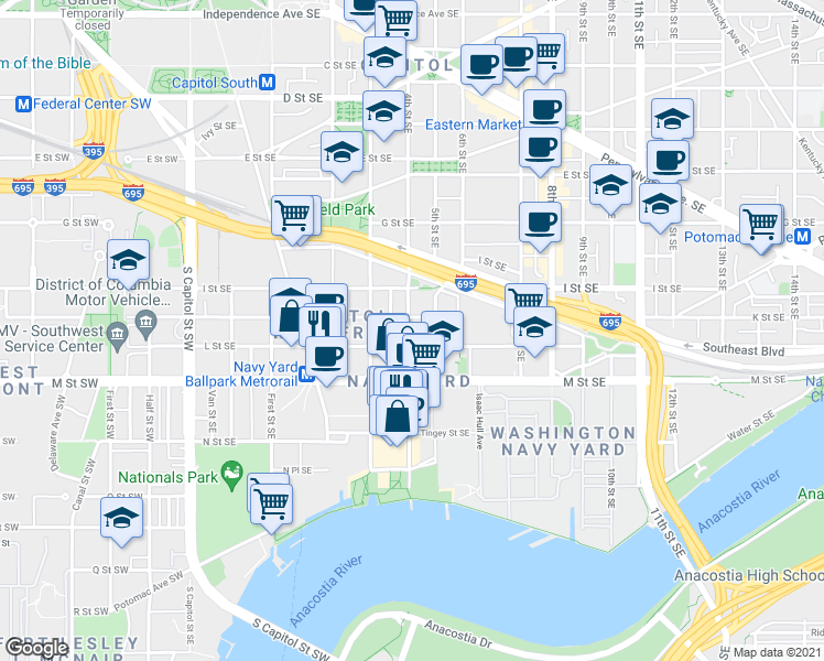 map of restaurants, bars, coffee shops, grocery stores, and more near 1016 4th Street Southeast in Washington