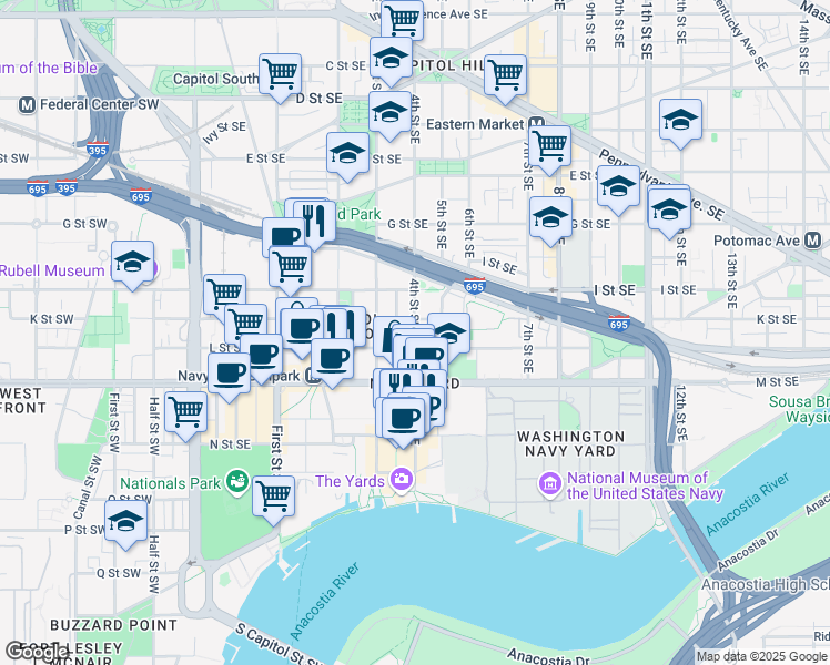 map of restaurants, bars, coffee shops, grocery stores, and more near 1016 4th Street Southeast in Washington